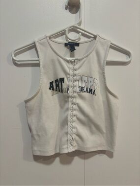 Forever 21 Cream Ribbed Lace-Up Tank Top with Dept. of Drama Graphic